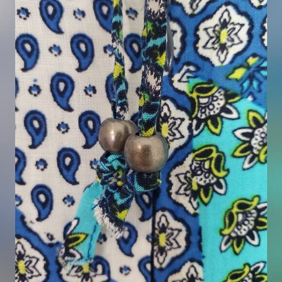 Skies Are Blue Sleeveless Romper Blue Teal White Patchwork Pom Pom Size Small - Picture 5 of 11